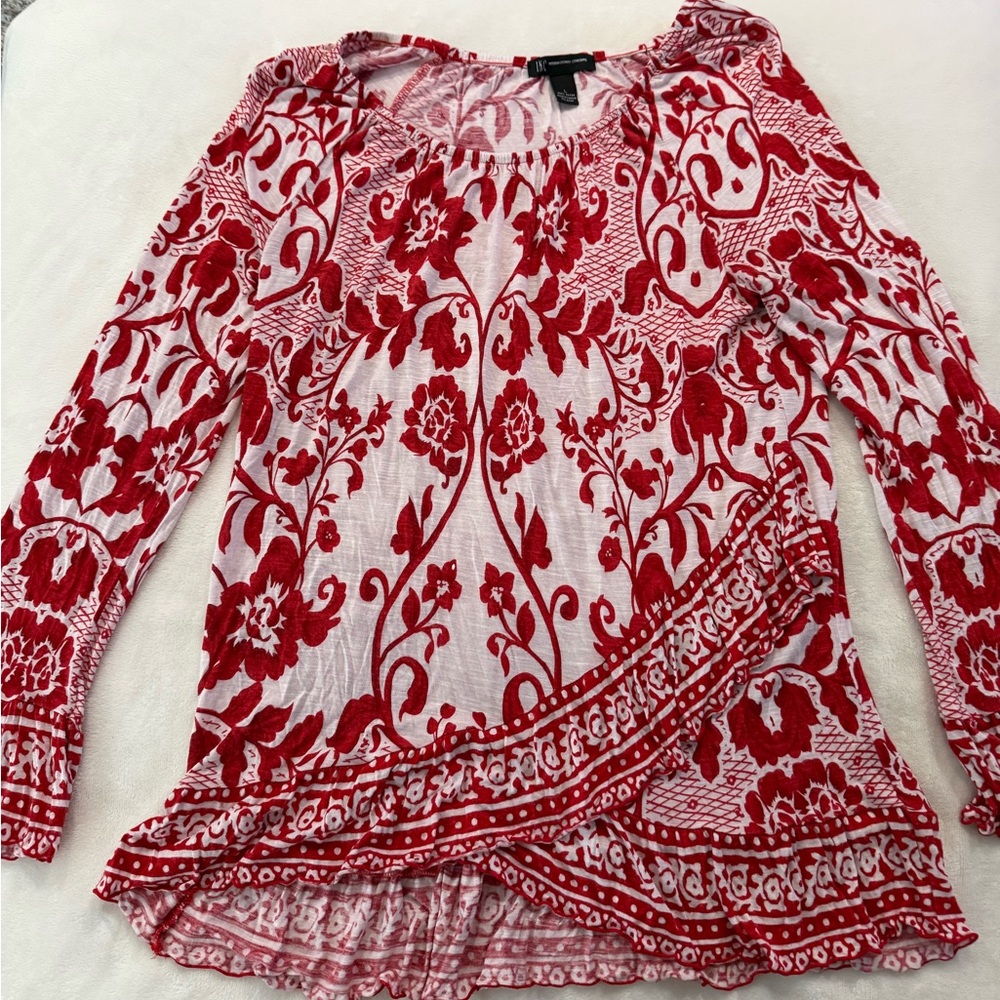 INC International Concepts Red and White Floral Peasant Blouse